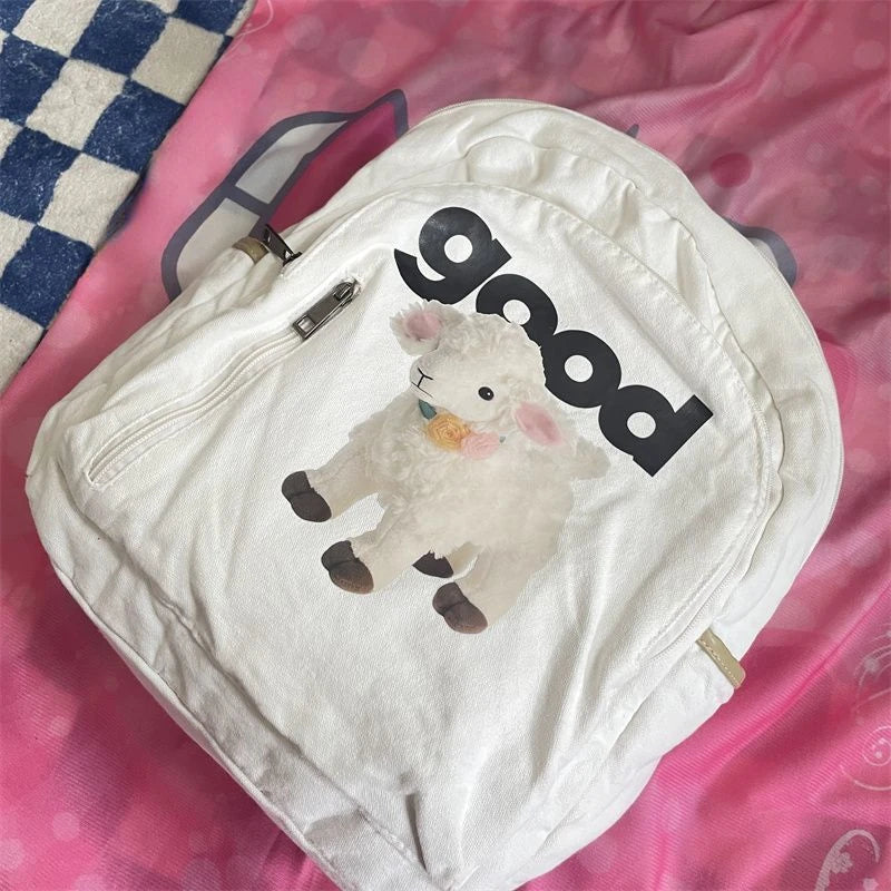 Y2K Aesthetic Cute Sheep Canvas Backpack – Japanese Cartoon School Bag for Women