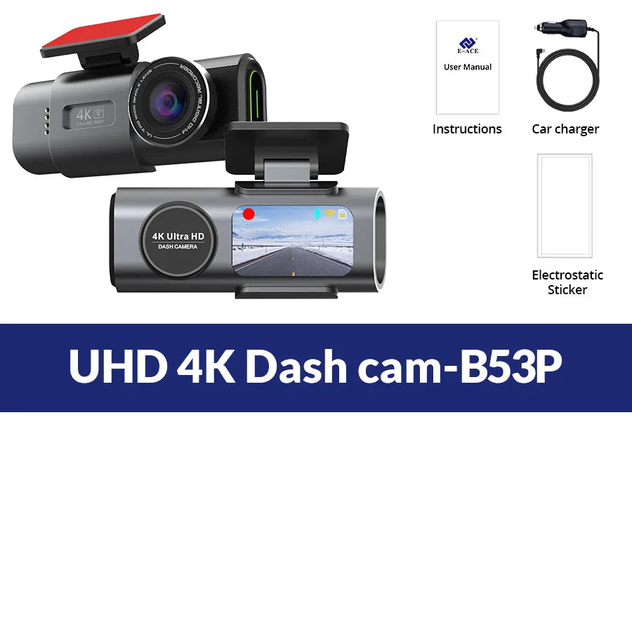 Dash Cam 4K UHD — Night Vision, Wi-Fi, GPS, 24H Parking Monitor, Front & Rear
