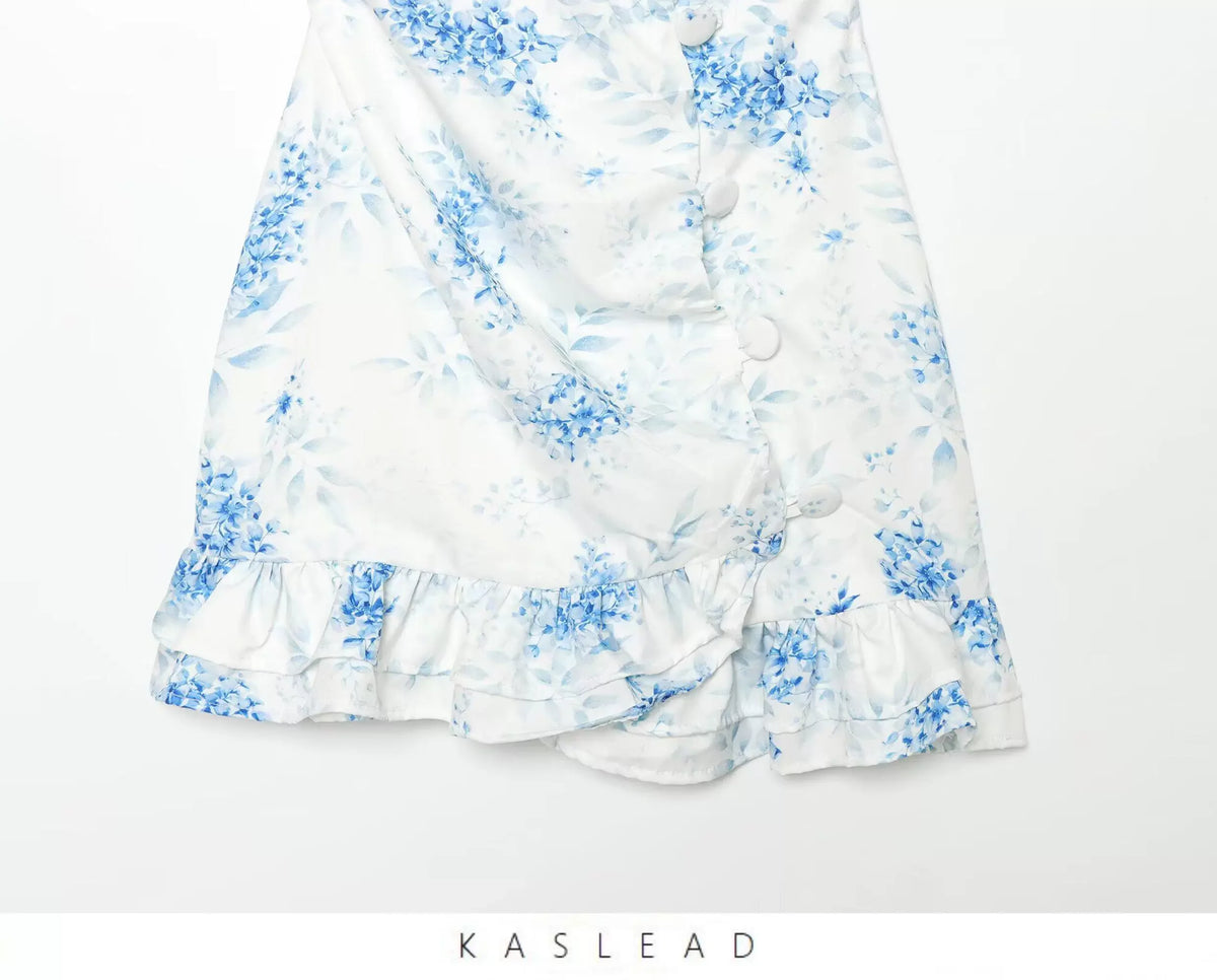 Women's Floral Ruffle Slim Dress – Deep V-Neck Double Layered Ruffled Hem Party & Daily Gown