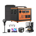 Orange and black portable power station with carry handle, display, AC and USB connections beside solar-panel and appliance illustrations