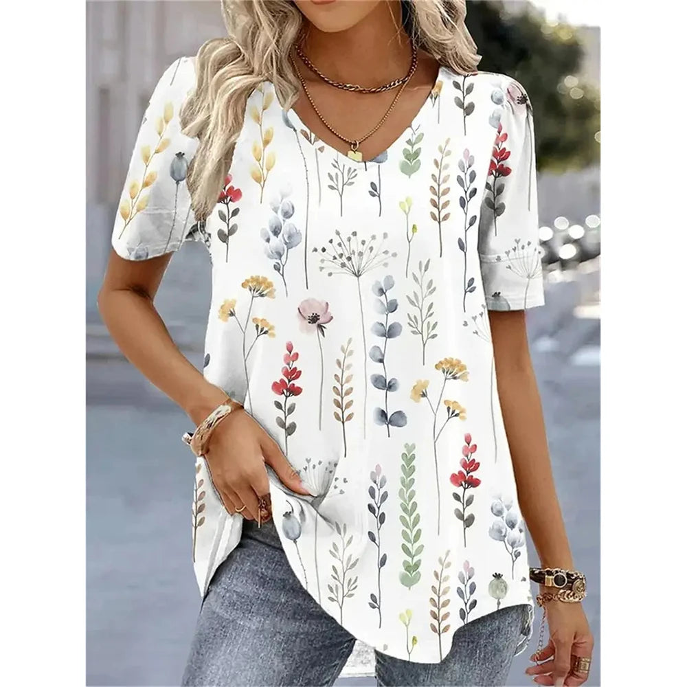 Women's 3D Flower Print V-Neck T-Shirt – Kawaii Oversized Summer Top & Blouse