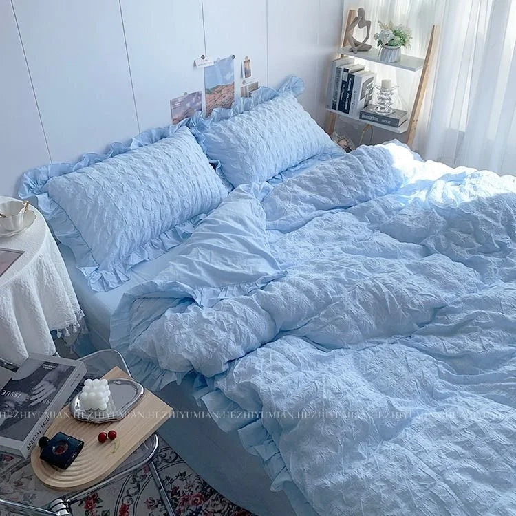 Girls Blue Seersucker Ruffle Bedding Set – Kawaii Soft Duvet Cover with Pillow Cases