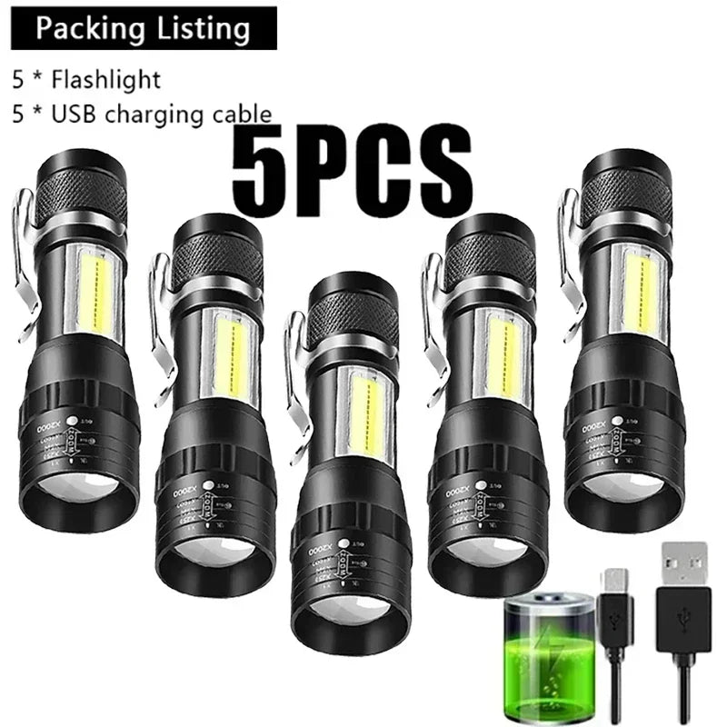 COB+XPE Mini Zoomable Flashlight – 350 Lumen, 3-Mode, USB Rechargeable, Pen Clip, Waterproof Camping Torch