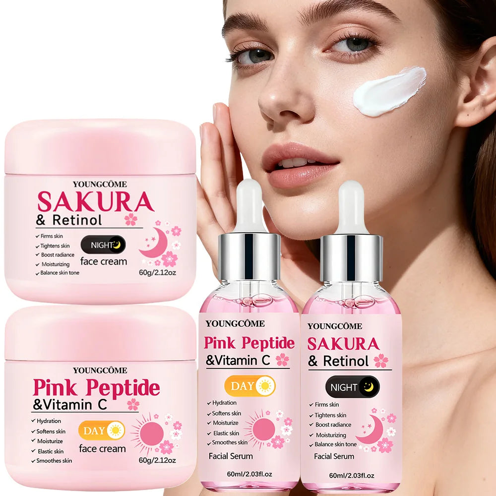 4-Piece Day & Night Skincare Set – Peptide Vitamin C Day Cream & Serum + Sakura Retinol Night Cream & Serum