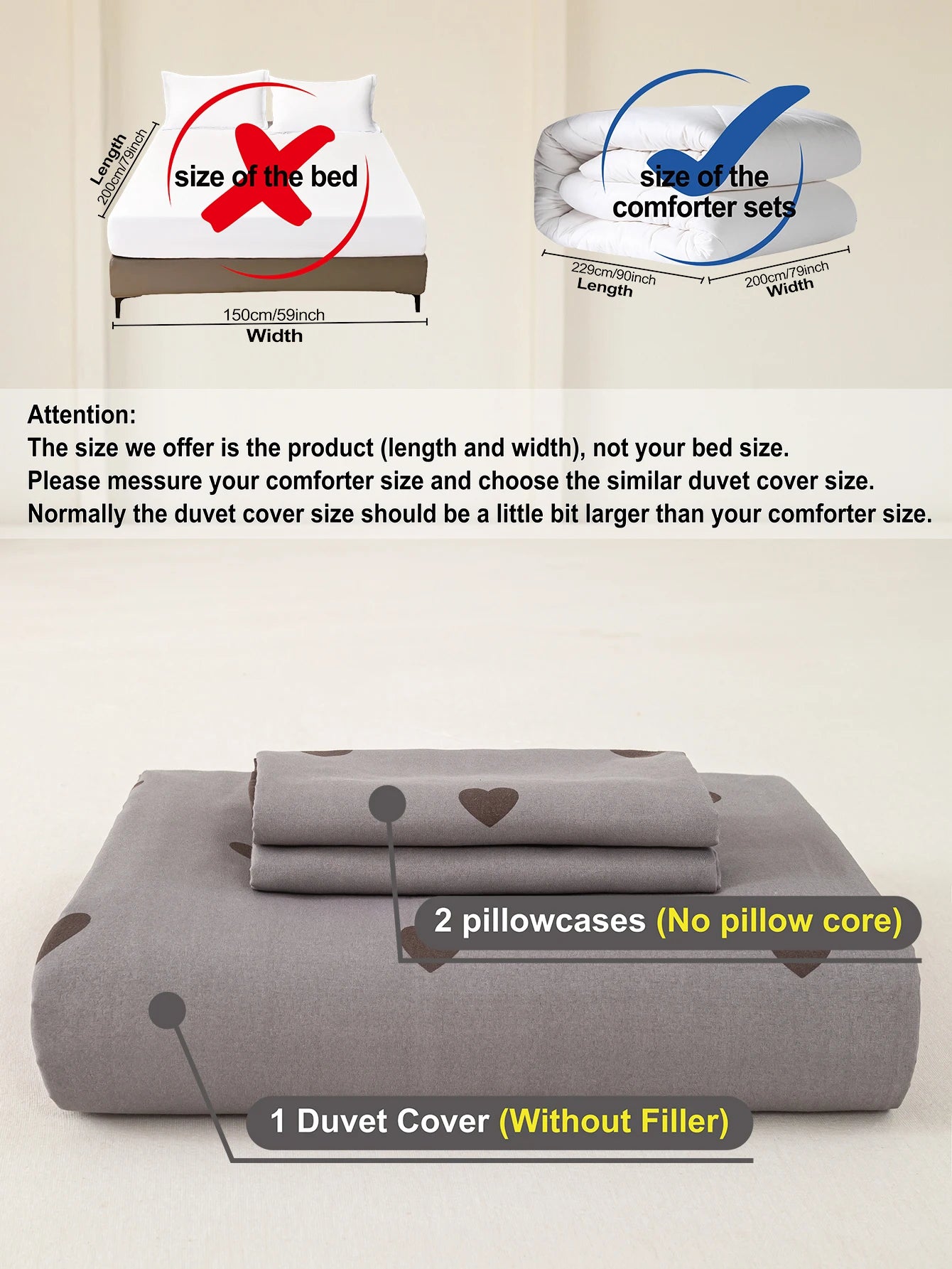 Heart Print Duvet Cover Set – Soft 3-Piece Bedding with 2 Pillowcases, 3 Colors & 11 Sizes
