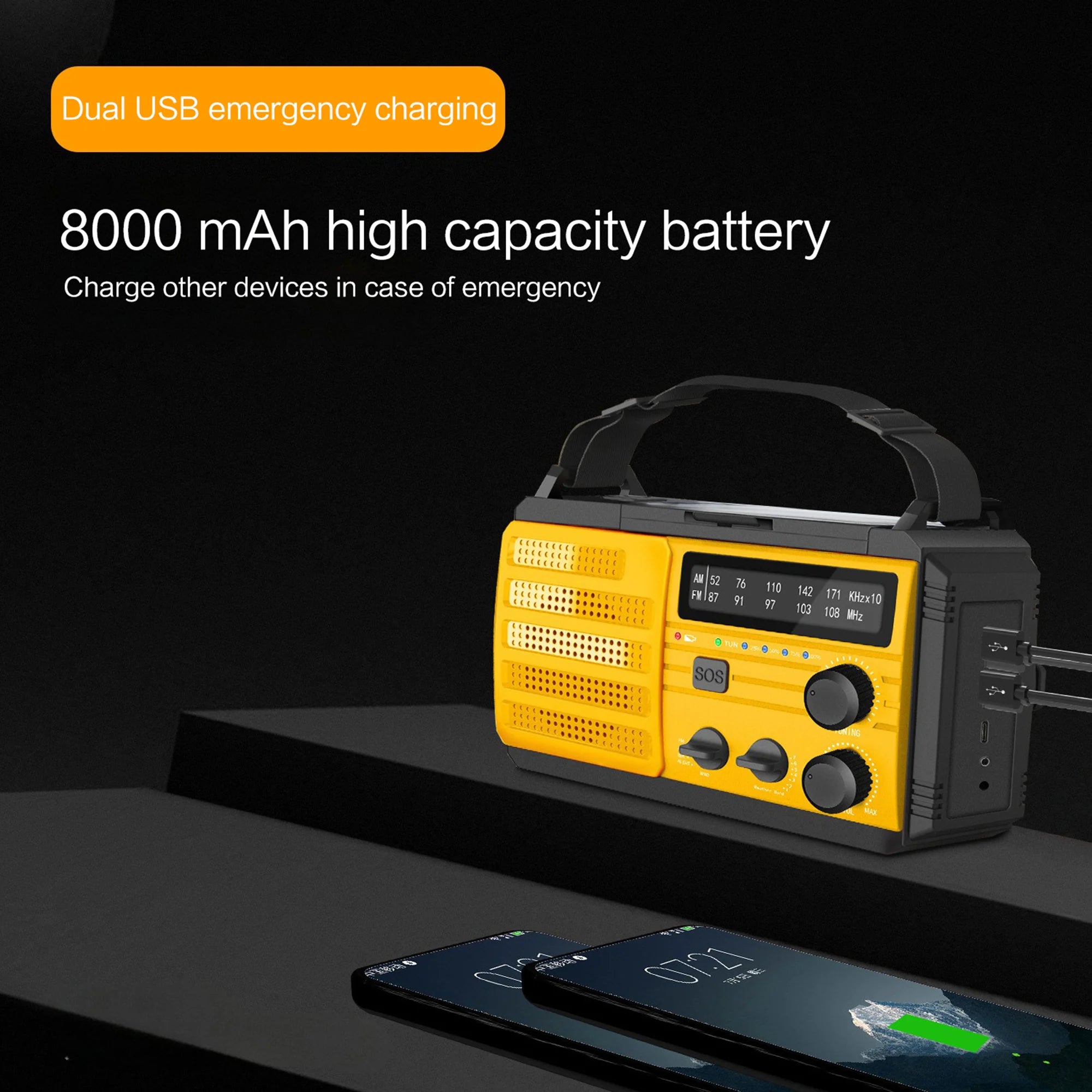 Emergency Weather Radio — FM/AM/WB, Hand Crank Solar, 2000mAh Power Bank & LED Flashlight