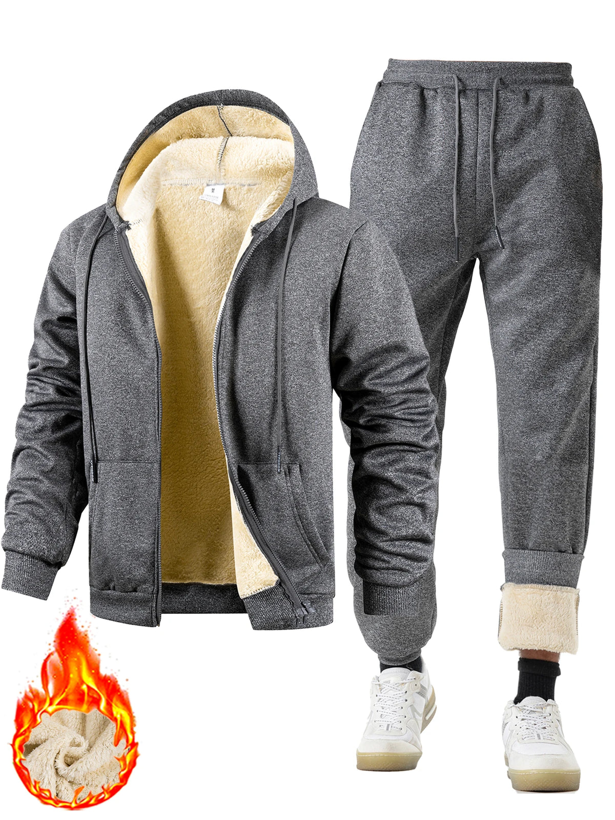Men's Plush Thickened Winter Hoodie Jacket & Trousers Set – Warm Outdoor Casual Sport Tracksuit