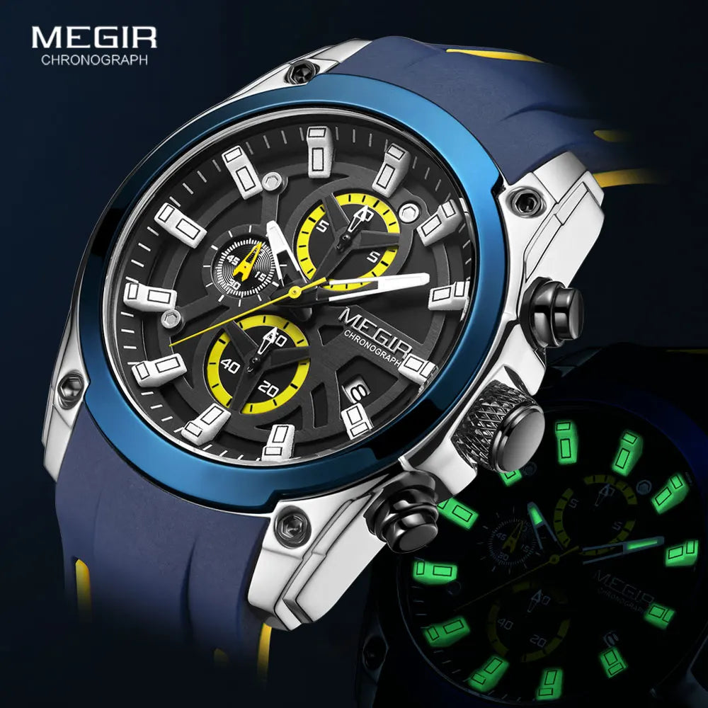 MEGIR Men's Military Sport Watch | Waterproof Luminous Blue Silicone Strap Luxury Wristwatch