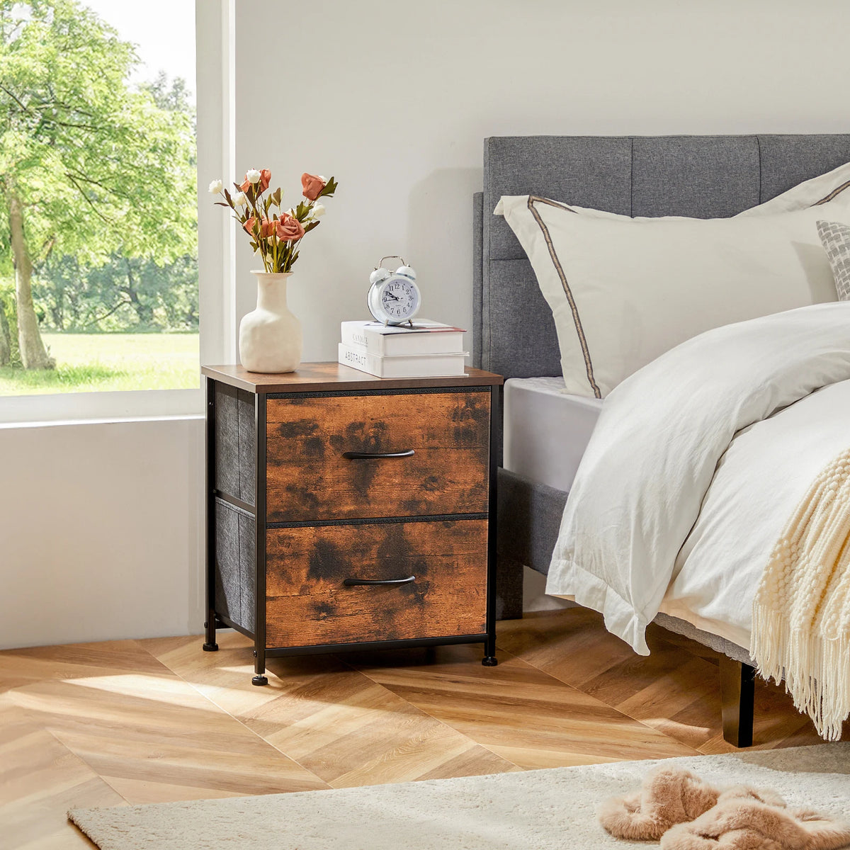 JHK Nightstand & Bedside Table – 2 Fabric Drawers, Storage Cabinet for Bedroom, Coffee & Sofa Side Table