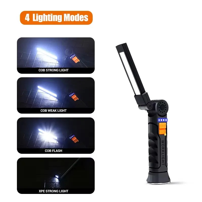 Folding COB+XPE LED Work Light – USB Rechargeable, 180° Foldable, Magnetic Base, Hook, Red SOS, Car Repair