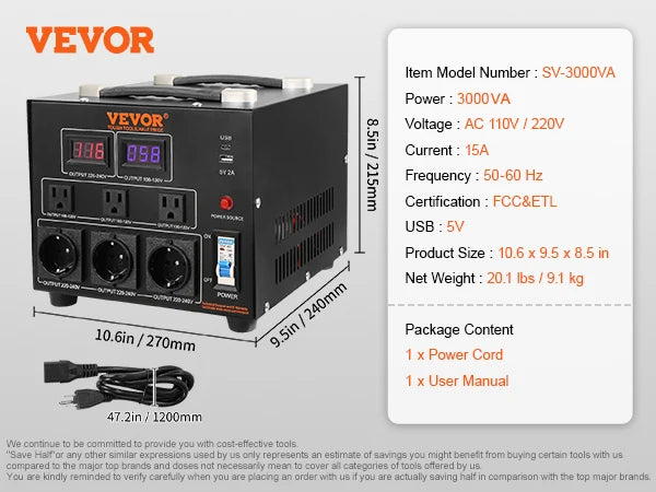 Heavy Duty Voltage Converter Transformer — 2000VA/3000VA/5000VA Step Up/Down, US & EU Outlets