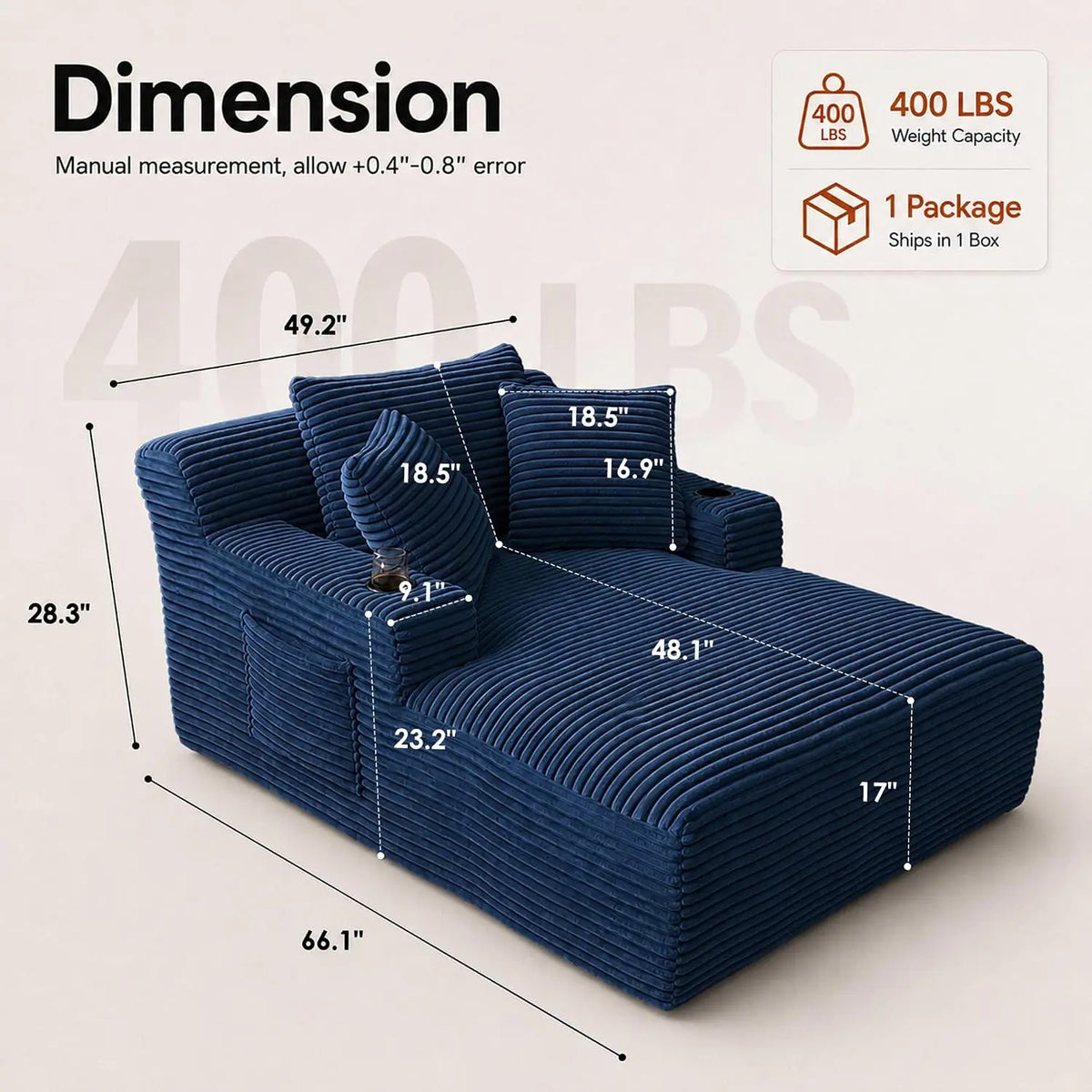 66-Inch Corduroy Chaise Lounge with 3 Pillows