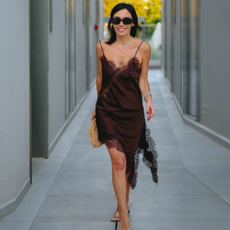 HXAO Lace Asymmetric Slip Mini Dress – Sexy Sleeveless Backless Evening Dress