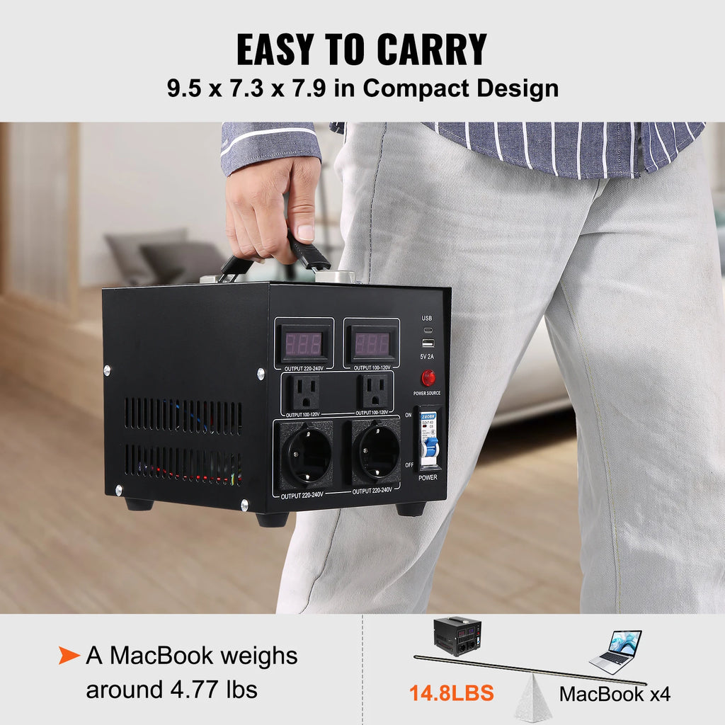 Heavy Duty Voltage Converter Transformer — 2000VA/3000VA/5000VA Step Up/Down, US & EU Outlets