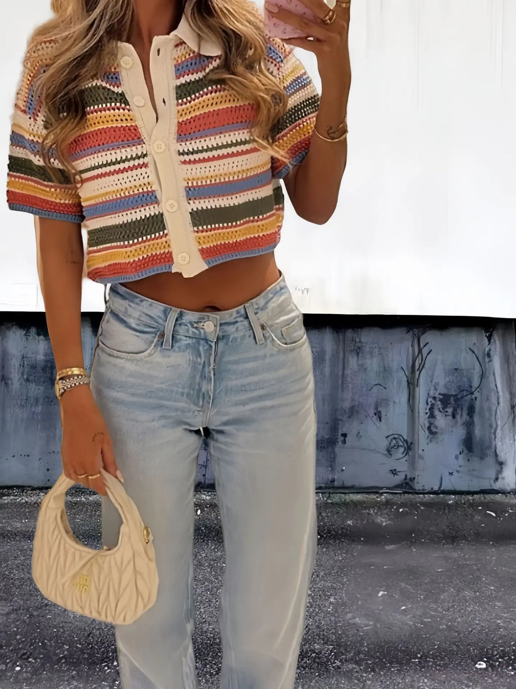 Women's Y2K Crochet Knit Crop Sweater & Shorts Set – Polo Collar Striped Patchwork Hollow Out