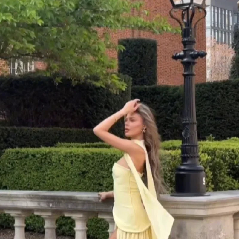 Pleated Off-Shoulder Maxi Dress — High Slit Scarf Slim Fit Evening Party Dress