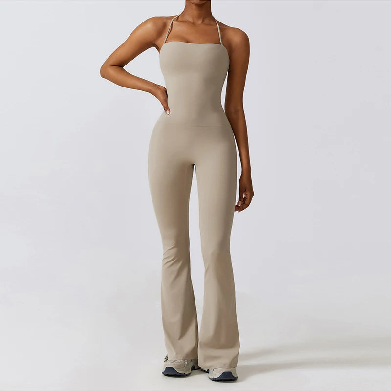 Women's Sleeveless Yoga Jumpsuit – Gym Flared Overalls Neck-Hanging Backless Sportswear