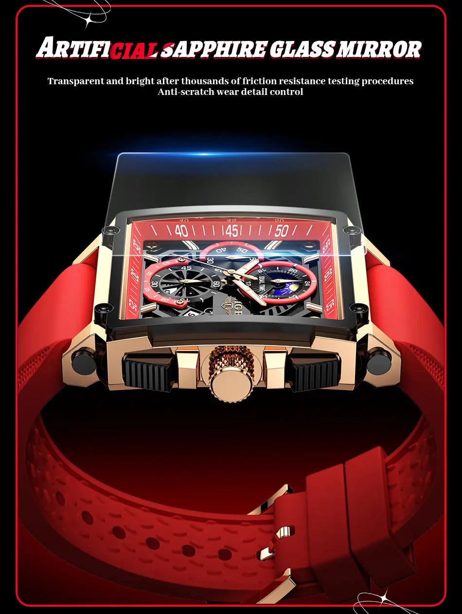 LIGE Men's Hollow Square Sport Watch | Fashion Silicone Strap Waterproof Quartz Wristwatch with Box