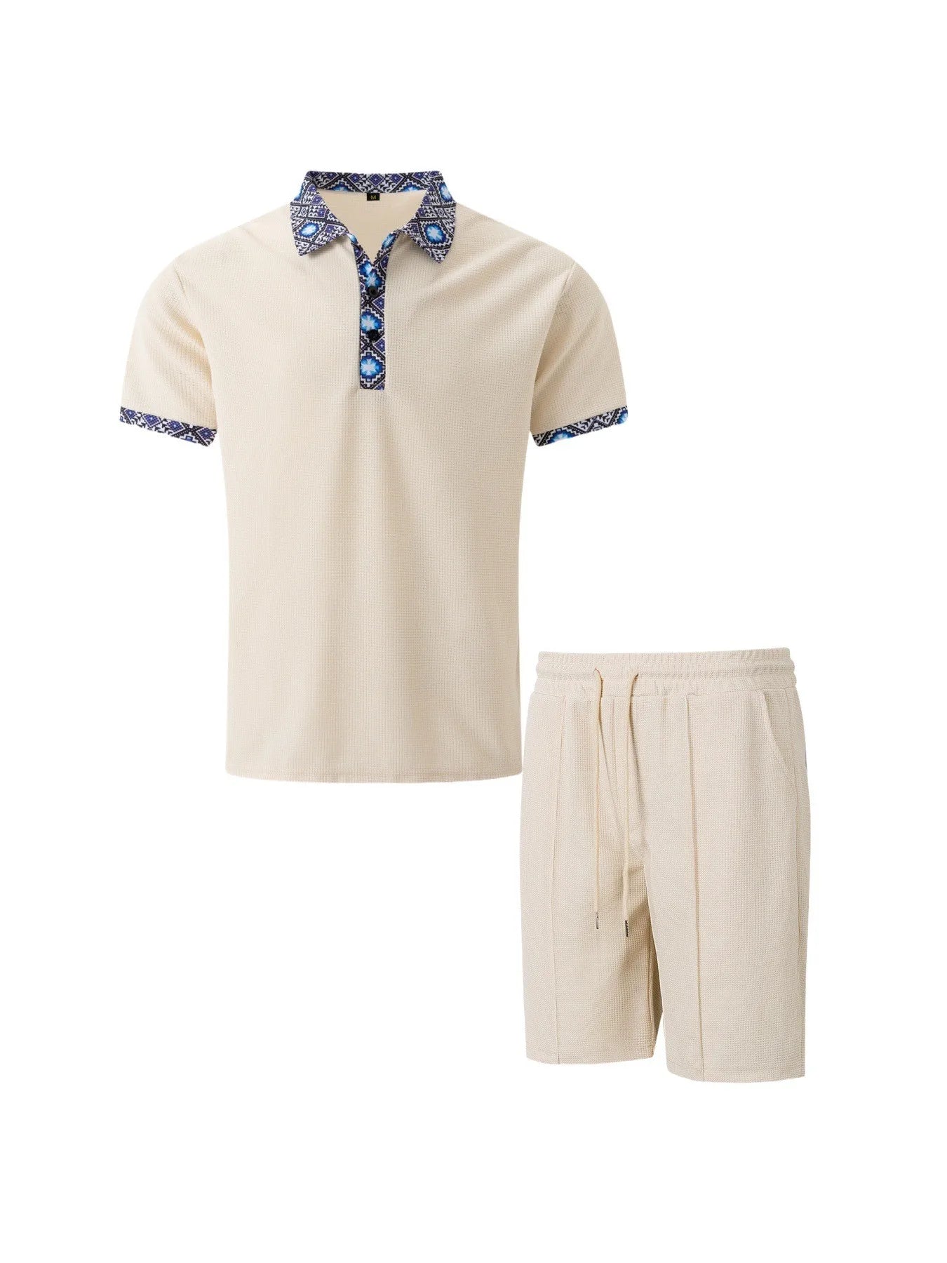 Men's Waffle Solid Color Zip Lapel Short Sleeve & Shorts Set – European Summer 2-Piece Suit