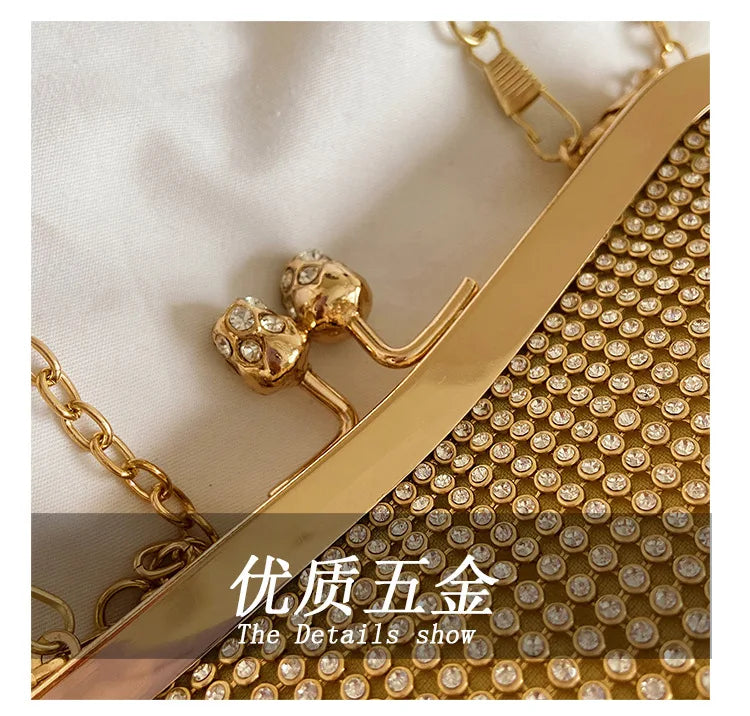 Golden Metal Bow Evening Clutch Bag – Shiny Bridal Chain Shoulder Bag for Wedding & Party