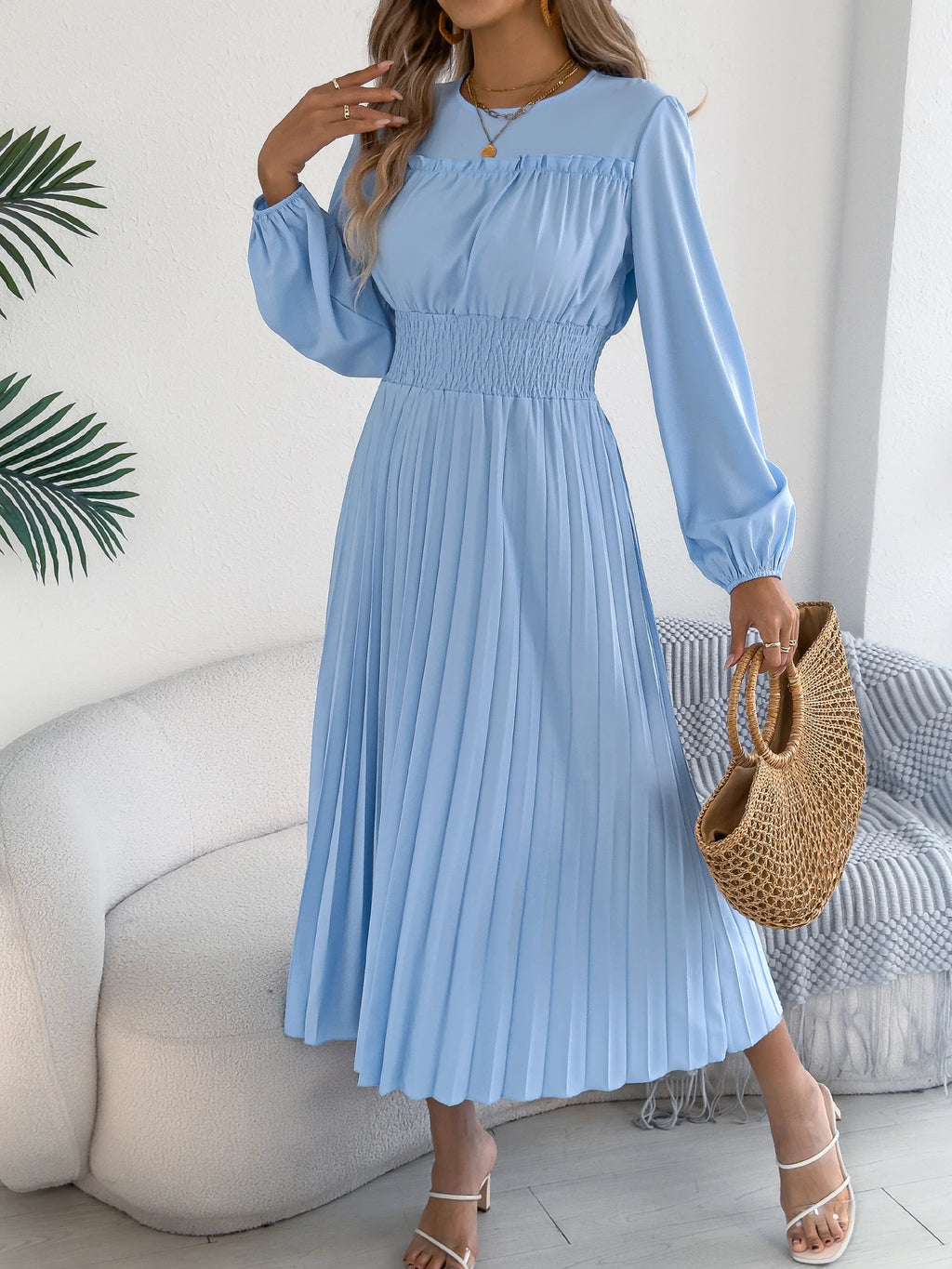 Elegant Dresses Women 2026 Autumn Winter Casual Solid Color High Waist Long Sleeve Maxi Dress Khaki Green Blue Woman Clothing