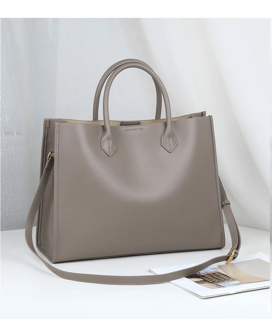 Luxury Cowhide Leather Tote Bag – Large Capacity Shoulder Bag with Laptop Compartment for Women