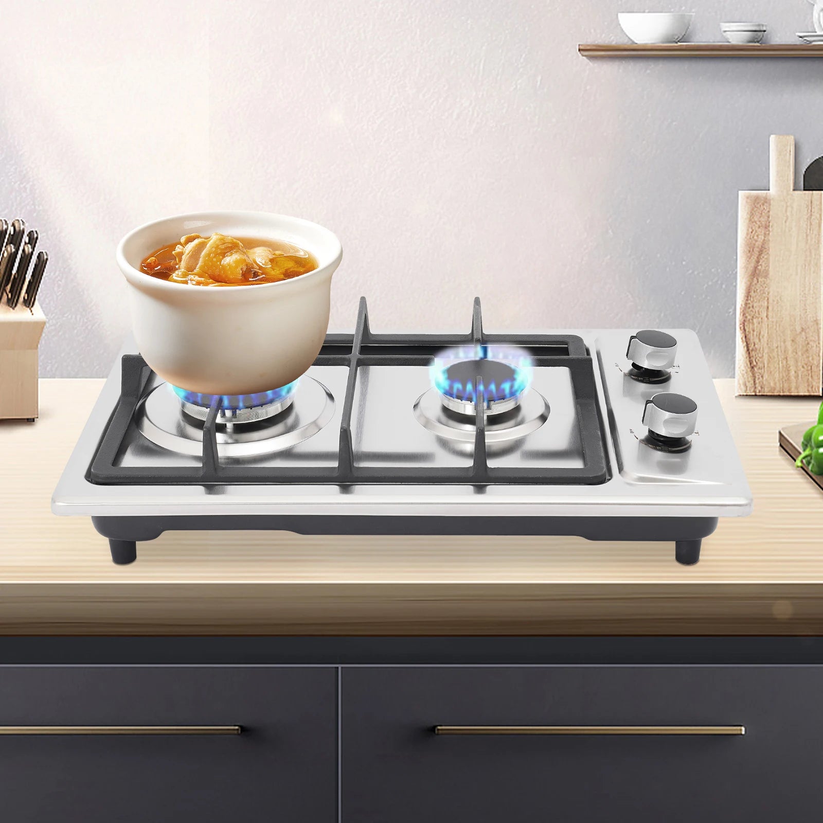 2-Burner Stainless Steel Gas Hob – 3KW + 1.75KW, Portable Countertop or Flush Mounted, 51x31x10cm