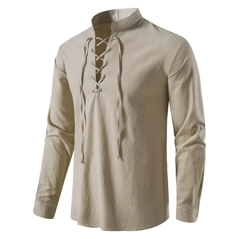 Men's Cotton Linen Drawstring Long Sleeve Shirt — Vintage Casual US Size Top