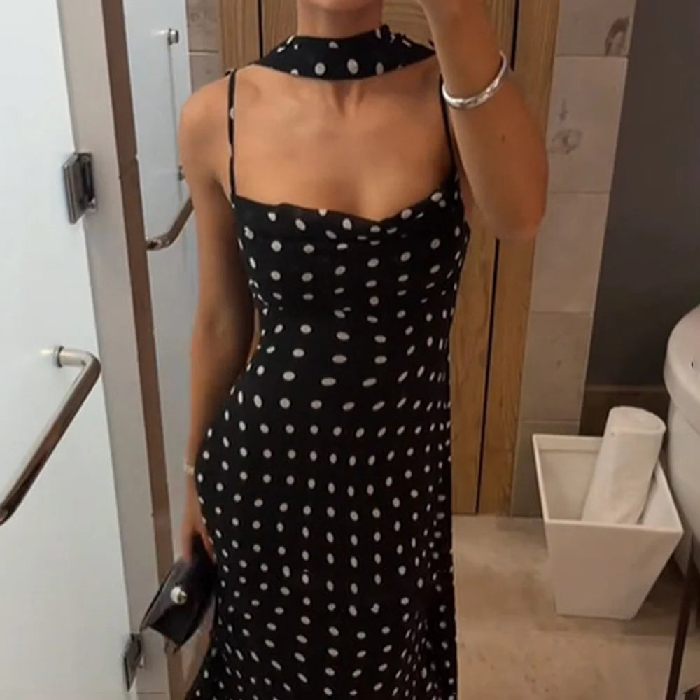 Elegant Polka Dot Halter Pleated Maxi Dress – Ruffle Sleeveless Evening & Party Dress