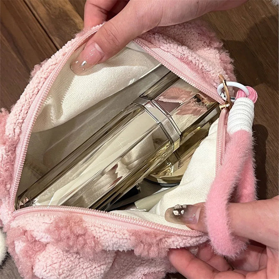 Plush Makeup Bag with Handle – Soft Love Print Travel Cosmetic Organizer & Pencil Case Clutch
