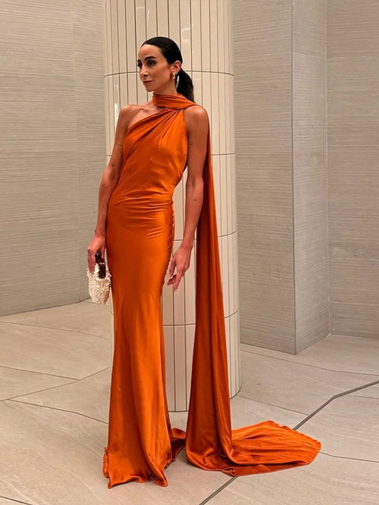 Sexy Satin Halter Backless Party Dress – Off Shoulder Sleeveless Solid Robe Gown 2026