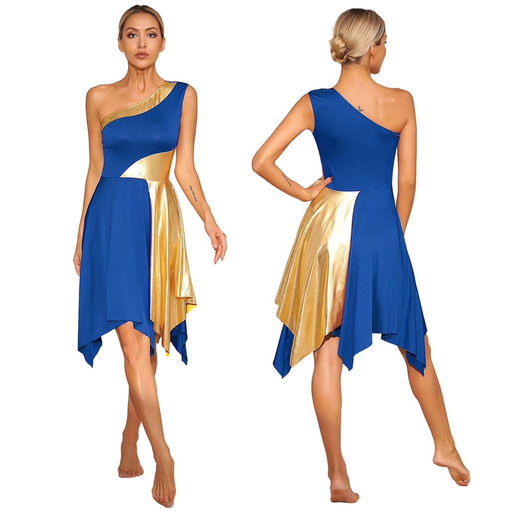 One Shoulder Irregular Hem Dance Performance Dress — Lyrical Worship Dancewear Costume