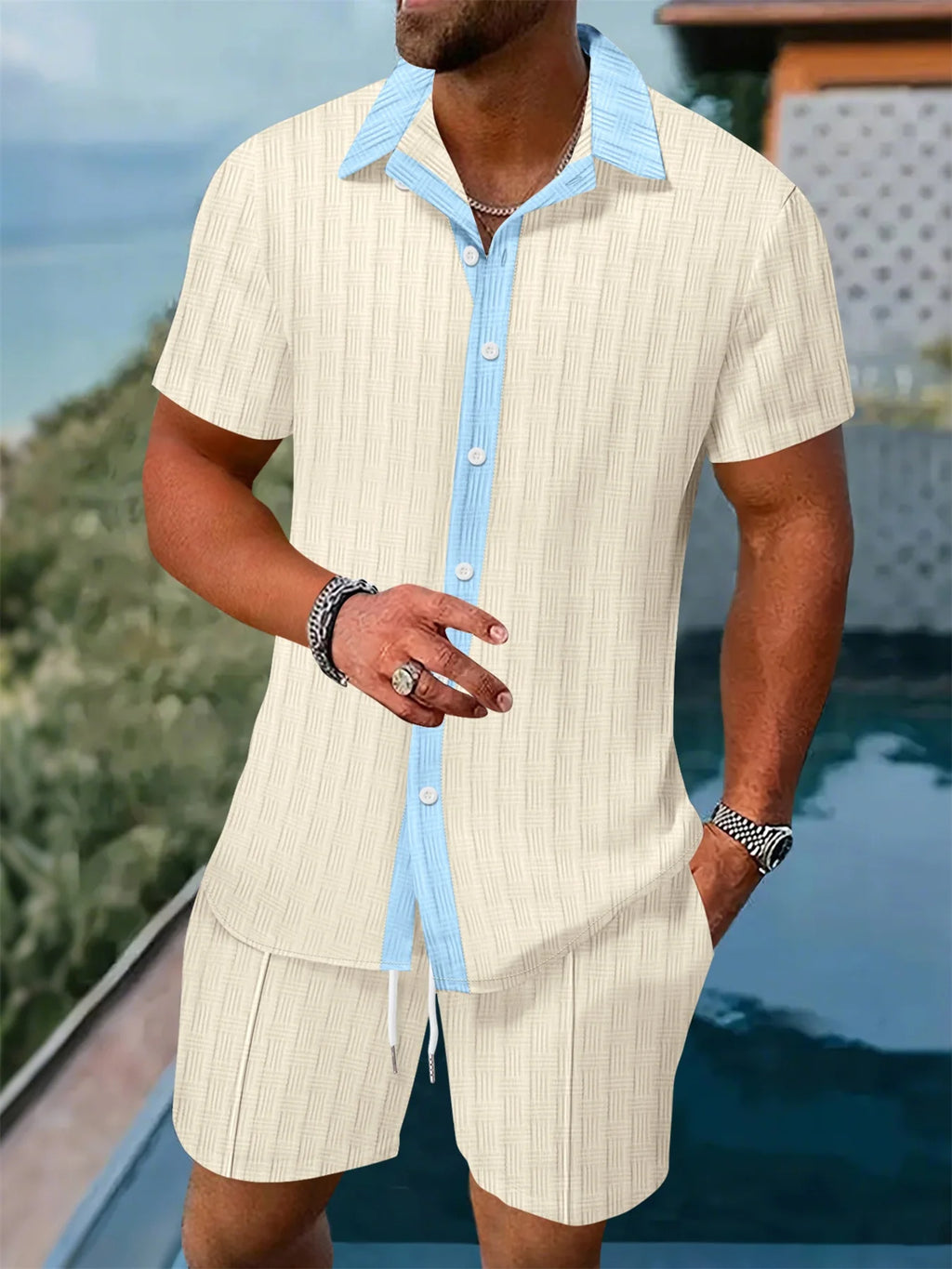 Men's Striped Short Sleeve Shirt & Drawstring Shorts Set – Hawaiian Beachwear