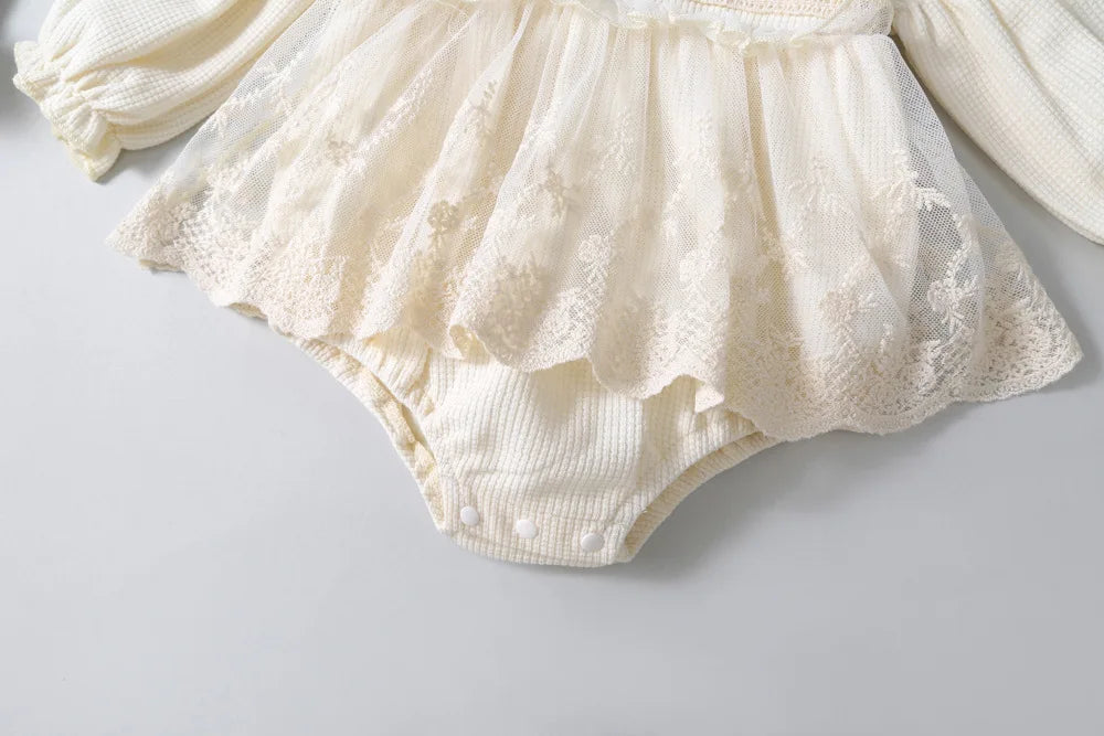 Baby Girl Tutu Skirt Bodysuit — Waffle Lace One-Piece Party Outfit for Toddlers