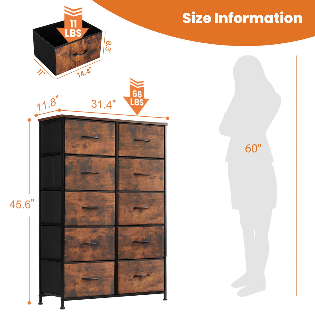 JHK 10-Drawer Fabric Wardrobe Storage Cabinet — Steel Frame