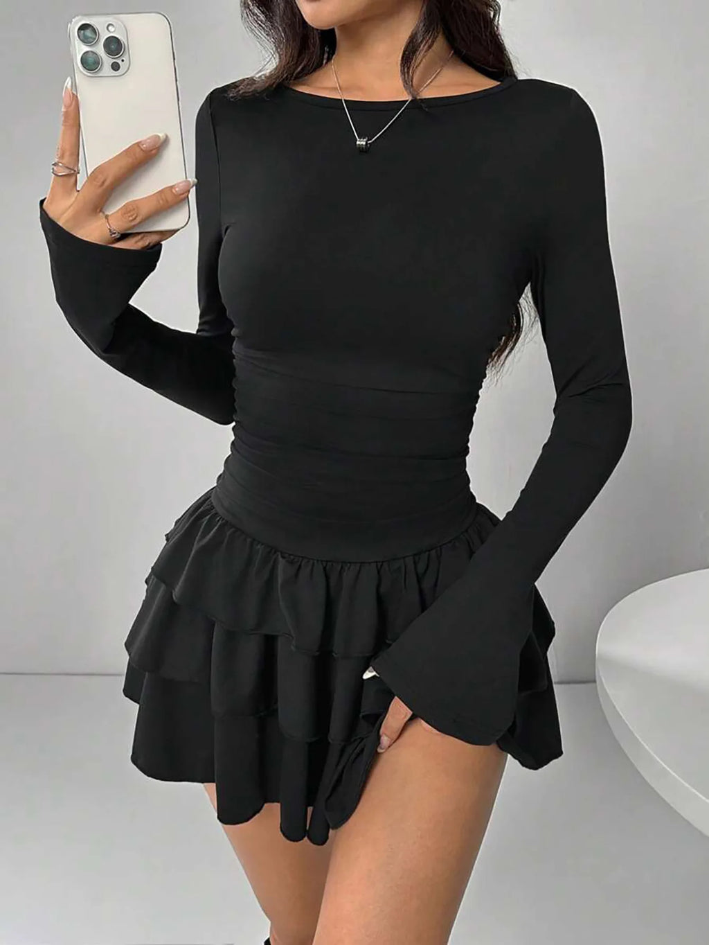 Cascading Ruffle Flare Sleeve Mini Dress — High Waist Slim Bodycon Party Dress