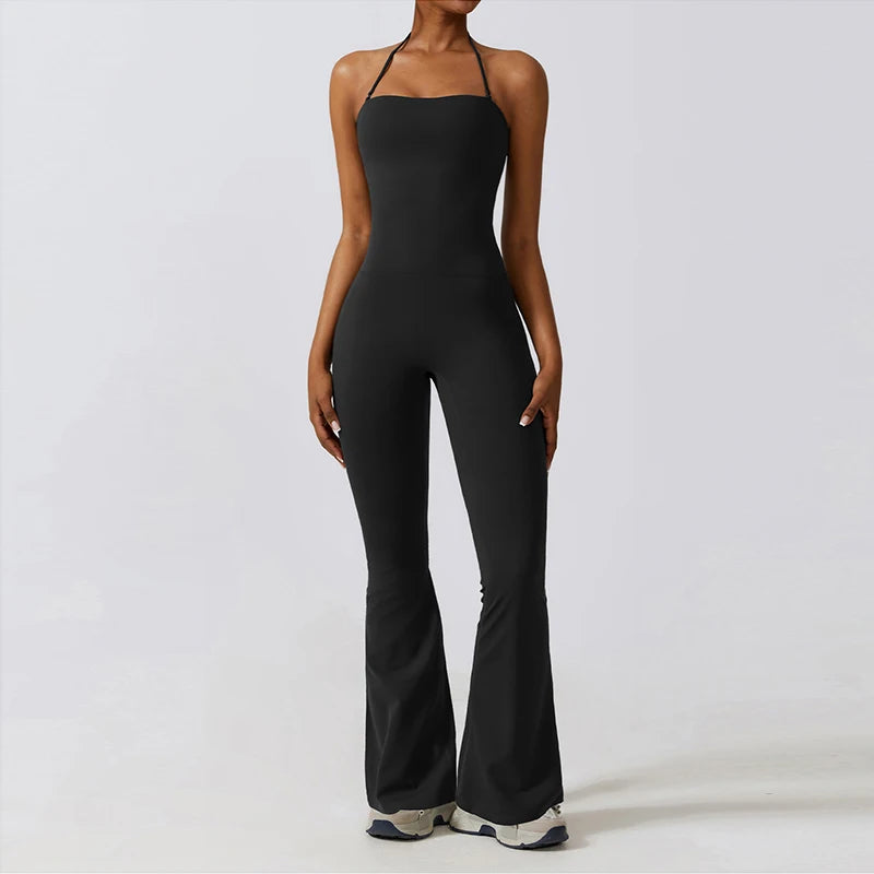 Women's Sleeveless Yoga Jumpsuit – Gym Flared Overalls Neck-Hanging Backless Sportswear