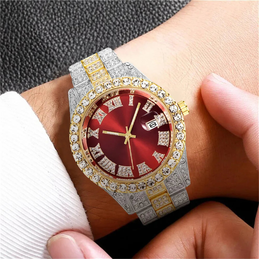 Men's Classic Golden Roman Rhinestone Quartz Watch | Steel Strap Calendar Fashion Wristwatch