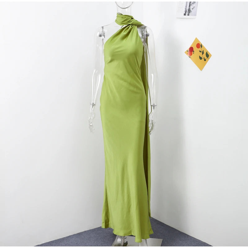 Sexy Satin Halter Backless Party Dress – Off Shoulder Sleeveless Solid Robe Gown 2026