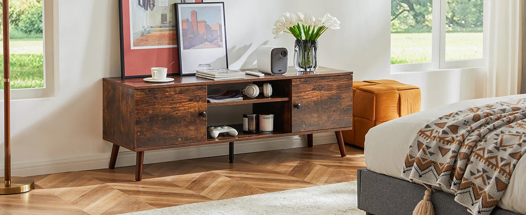 Wooden Fireplace TV Stand for 60" TVs — Entertainment Center with Adjustable Shelf & Storage