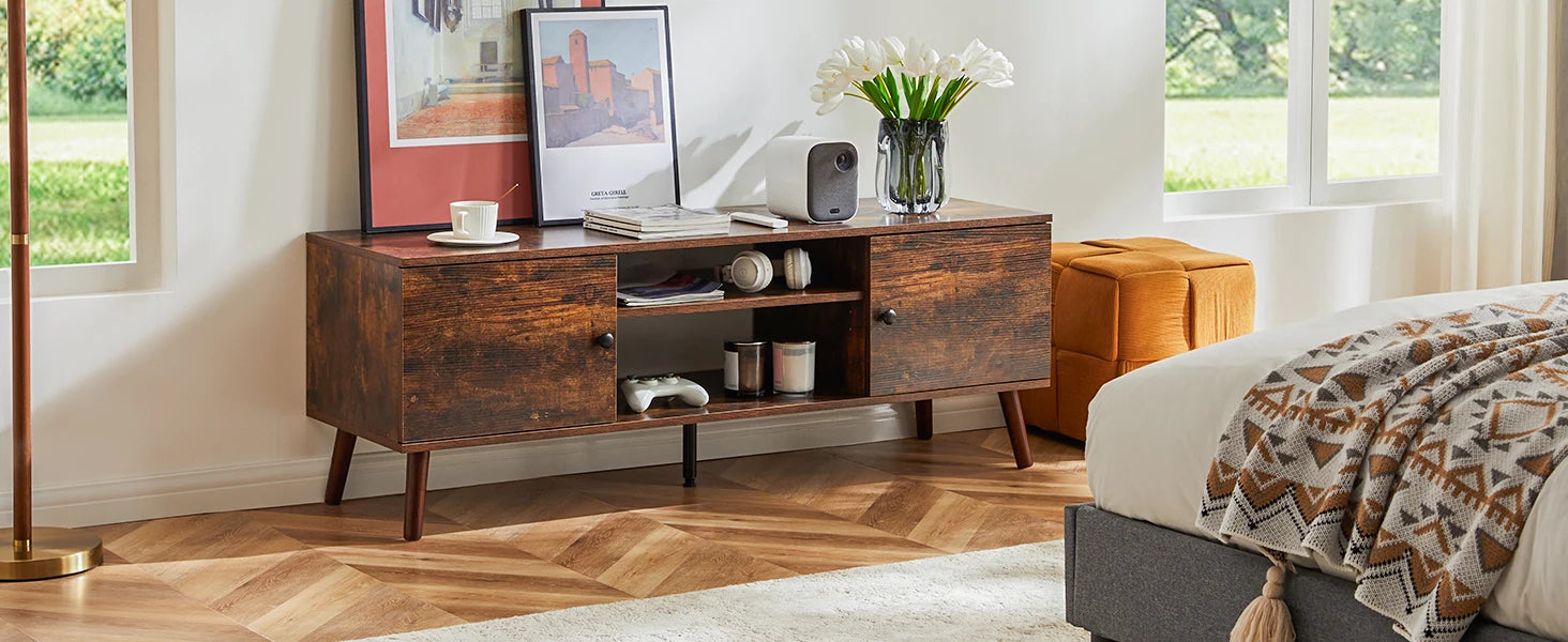 Wooden Fireplace TV Stand for 60" TVs — Entertainment Center with Adjustable Shelf & Storage