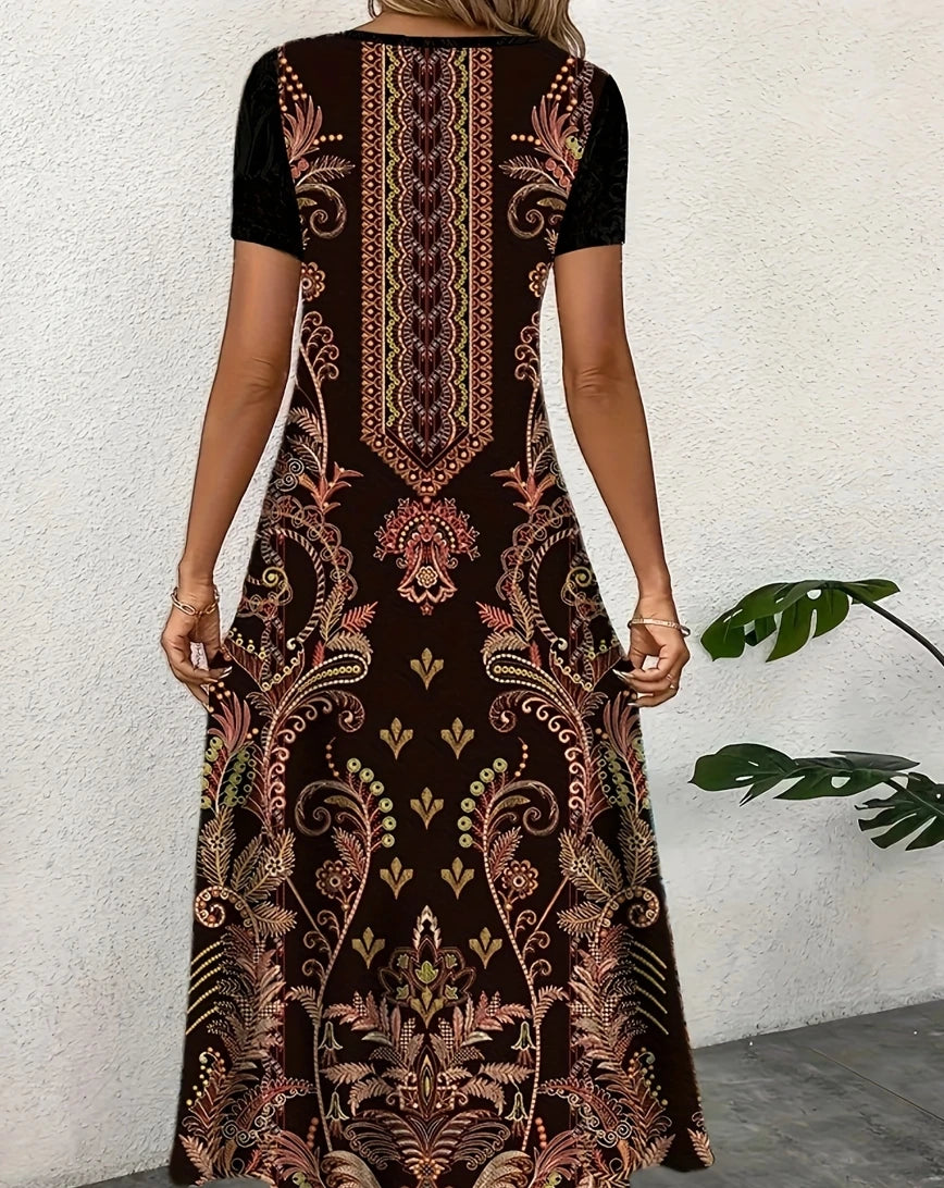 Loose Casual Print A-Line Dress — Short Sleeve O-Neck Elegant Temperament Dress
