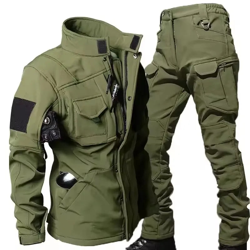 Men's Tactical Soft Shell Jacket & Cargo Pants Set – Waterproof Fleece-Lined Winter 2-Piece
