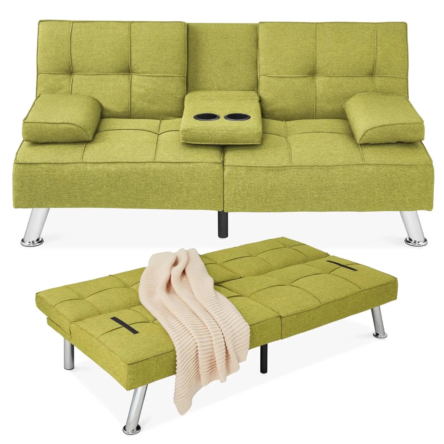 Sit, Recline, Sleep — Modern Linen Folding Futon Sofa Bed | 3 Positions, 2 Cupholders, Removable Armrests, 500 lb Capacity
