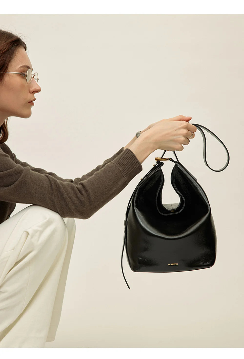 LA FESTIN Genuine Leather Bucket Bag – Designer Crossbody Shoulder Handbag for Women
