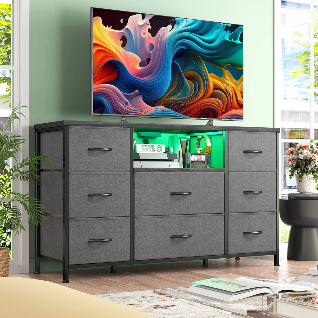 8-Drawer Media Dresser with LED Lighting & Built-In Charging Station — Fabric Storage Cabinet for 55" TVs