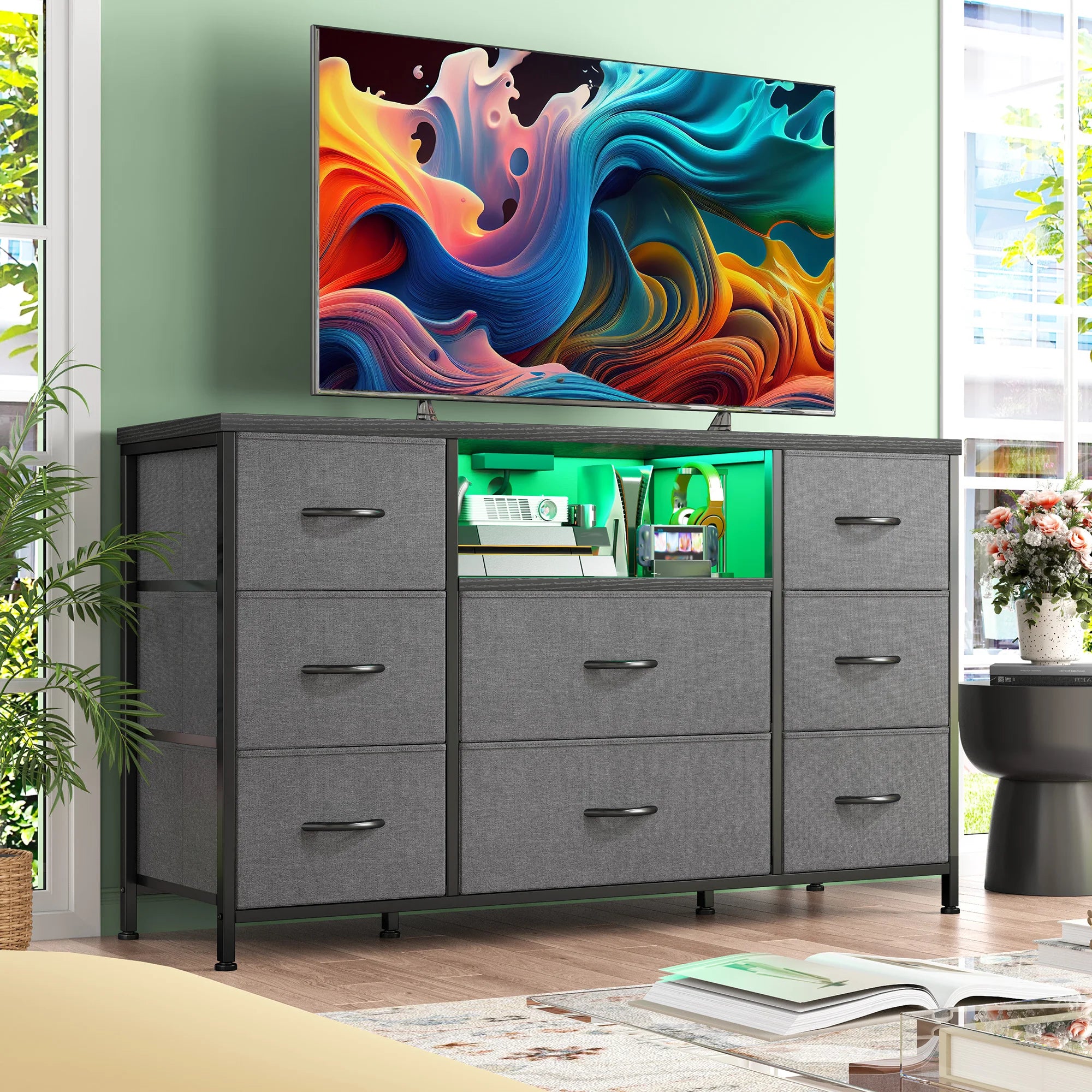 8-Drawer Media Dresser with LED Lighting & Built-In Charging Station — Fabric Storage Cabinet for 55" TVs