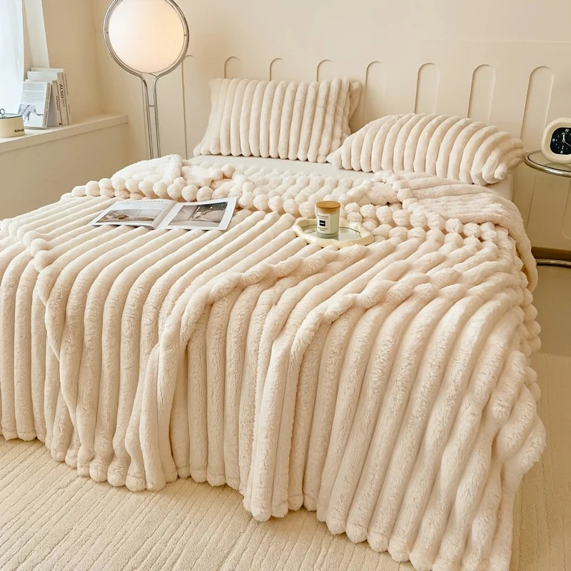 Thickened Wide Stripe Plush Flannel Multifunctional Blanket – Bed Sheet, Sofa & Nap Cover, 7 Colors & 5 Sizes