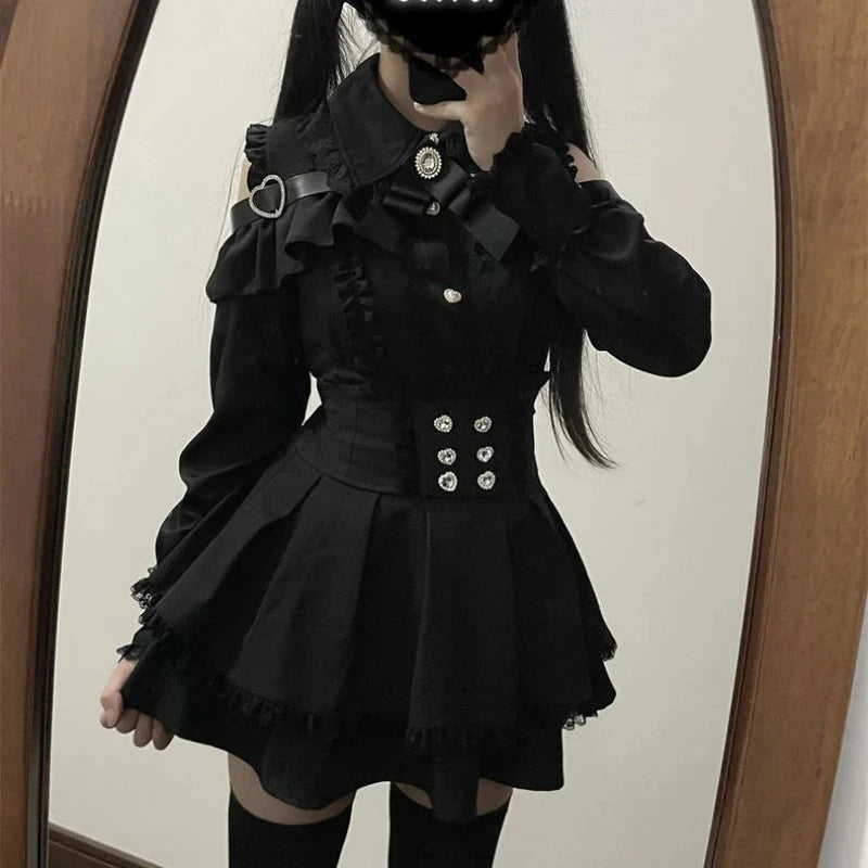 Japanese Gothic Lolita Mini Dress — Harajuku Y2K Bow Lace Ruffle Party Dress