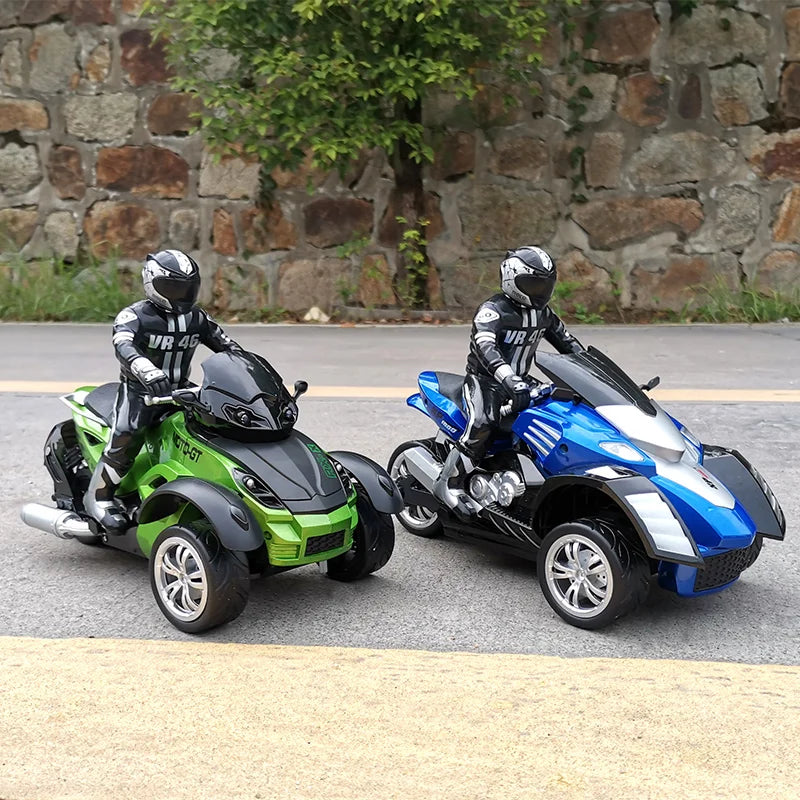 1:10 Scale Vehicle 2.4GHz High Speed Three Wheel RC MotoHawk Motorcycle Toys ATV Road Racer with LED Headlights Toy Gift for Kid